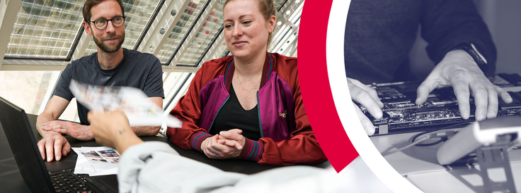 Collage aus zwei Fotos: Das eine zeigt Mitarbeitende in einer Arbeitssituation gemeinsam an einem Laptop, das andere zeigt Hände auf einem geöffneten Rechner.