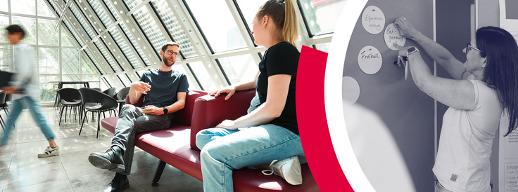 Collage aus zwei Fotos: Das eine zeigt zwei Mitarbeitende von IT.Niedersachsen im GEspräch, das andere eine Mitarbeiterin beim Aufhängen von Moderationskarten an einer Pinnwand.