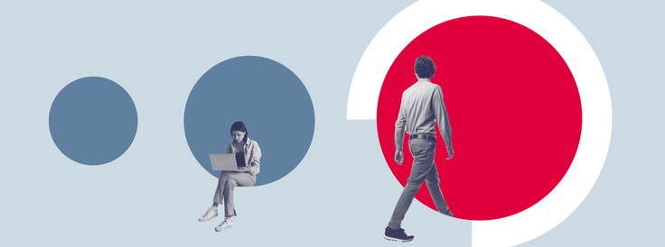 Collage zeigt zwei blaue und einen roten Kreis, eine sitzende Frau mit Laptop und einen gehenden Mann.